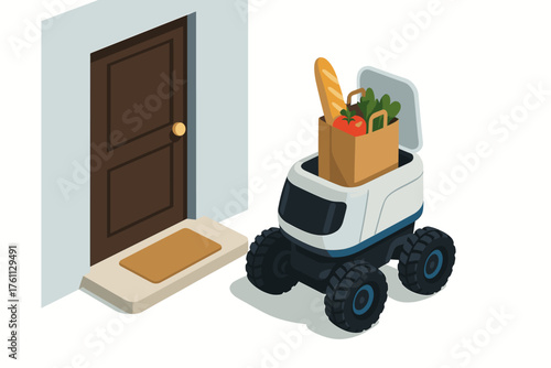 Autonomous delivery robot with groceries at doorstep