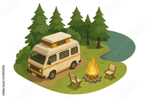 Cozy lakefront camping scene with campervan and campfire