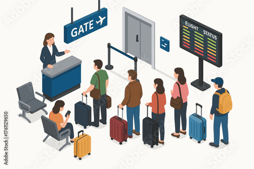 Queue of diverse adults at airport gate waiting area with flight status board