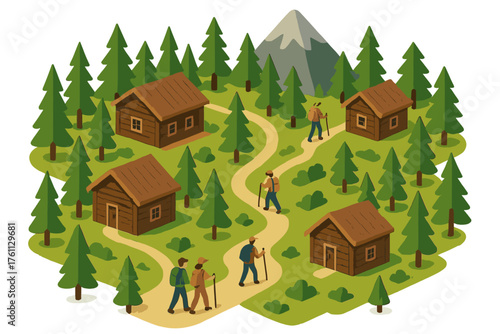 Hiking trail with young adult male and female hikers in forested mountain village