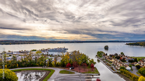 Canandaigua, NY, USA - October 17, 2025: Aerial photo over Canandaigua City Pier, Downtown Canandaigua New York