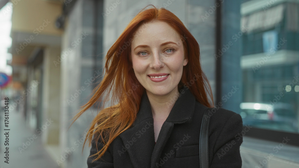 Fototapeta premium Woman with red hair confidently standing outdoors in city street, showcasing an engaging expression that reflects urban charm.