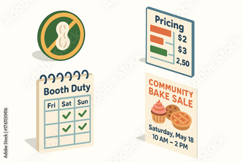 Community bake sale poster design with pricing and allergy warning symbols