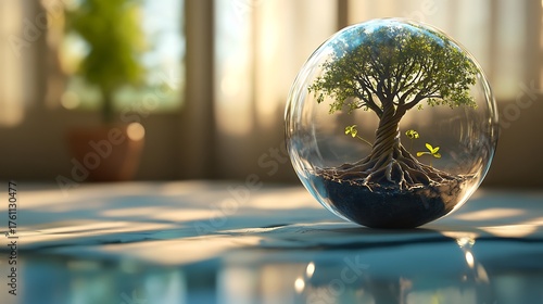 tree with roots wrapping inside a glass sphere on pastel floor with ambient soft diffusion