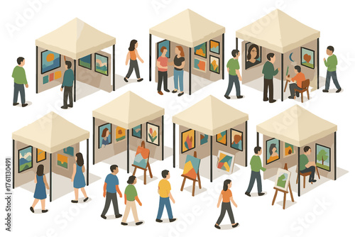 Outdoor art exhibition with diverse people viewing paintings under tents