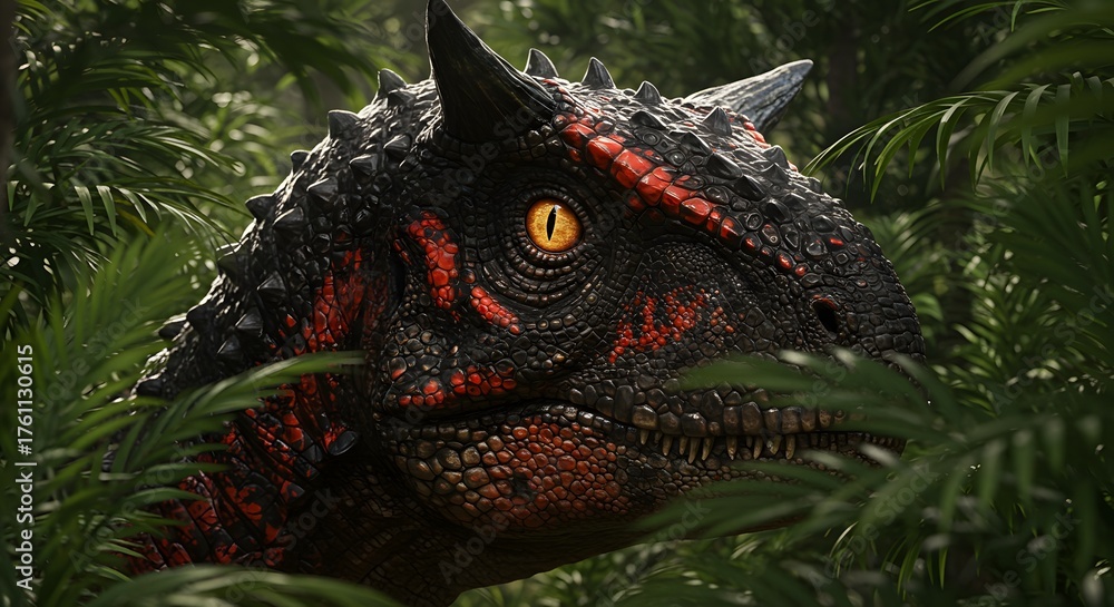 Naklejka premium Close up of a carnotaurus dinosaur with sharp teeth and yellow eye in a jungle environment setting