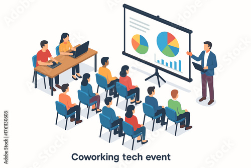 Diverse team at coworking tech event with presentation and charts