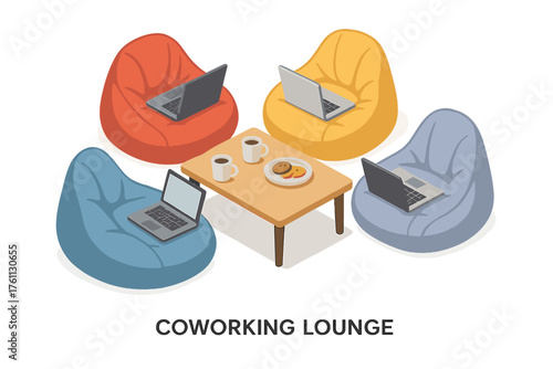 Cozy coworking lounge with laptops and coffee in colorful bean bags
