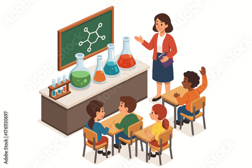 Female teacher educating young children on chemistry in classroom setting