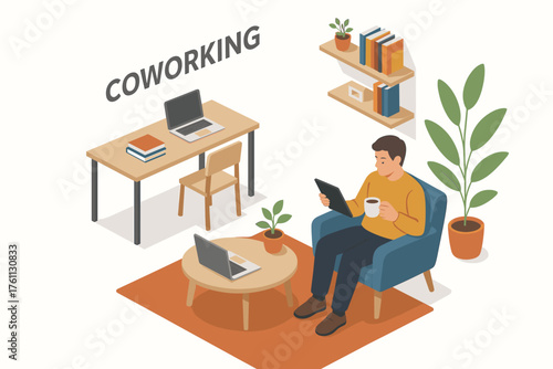 Asian male in modern coworking space with technology and coffee