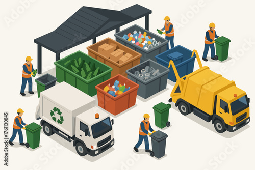 Isometric waste management scene with workers and recycling trucks