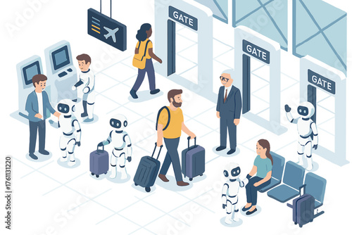 Futuristic airport with robots assisting diverse travelers