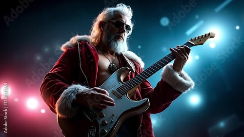 A man dressed as Santa Claus playing a guitar