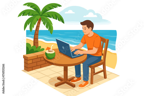 Young caucasian male working on laptop by beach with coconut drink
