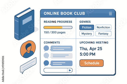 Online book club interface with reading progress and genre details