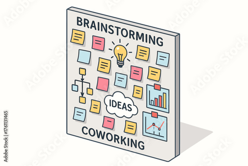 Creative brainstorming and coworking space with colorful sticky notes and charts
