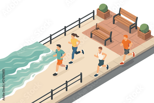 Group of diverse young adults jogging along riverside path in park setting