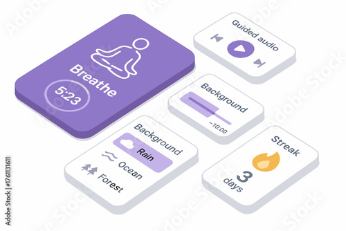 Relaxation and mindfulness app interface with breathing and audio features