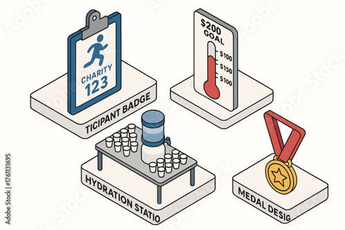 Marathon event setup: participant badge, hydration station, fundraising goal, medal design