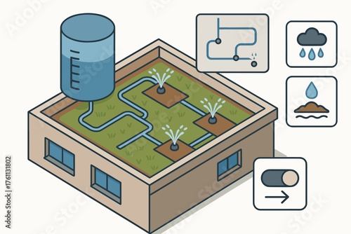 Isometric smart irrigation system on rooftop garden with water conservation icons