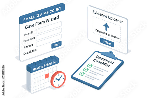 Legal tools interface: case form, evidence uploader, hearing scheduler, document checklist