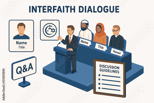 Interfaith dialogue panel discussion with diverse christian, muslim, and jewish representatives