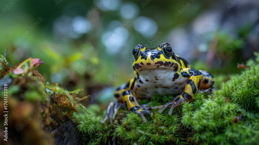 Fototapeta premium Macro photography of a neon yellow and black spotted frog on moss, ultra-detailed skin texture, soft bokeh background emphasizing natural habitat
