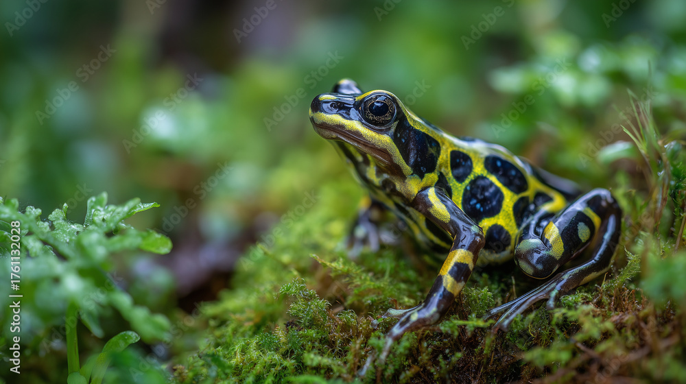 Fototapeta premium Macro photography of a neon yellow and black spotted frog on moss, ultra-detailed skin texture, soft bokeh background emphasizing natural habitat