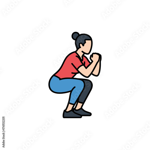 Woman in a squat position, exercising, wearing a red shirt and blue leggings, against a white background.