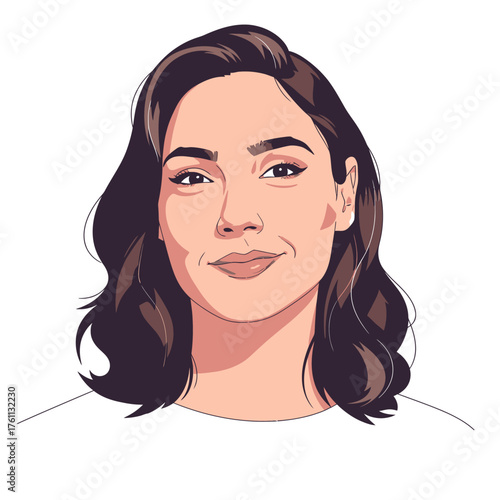 A vector portrait illustration of  Gal Gadot with dark wavy hair and a gentle smile.