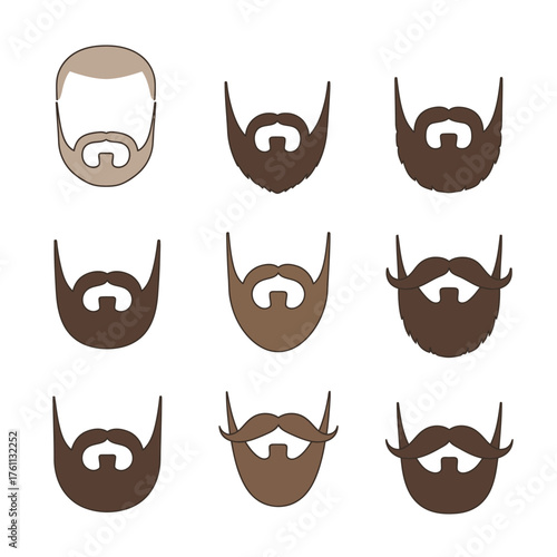 A collection of nine different beard and mustache styles for men, shown as minimalist vector icons.
