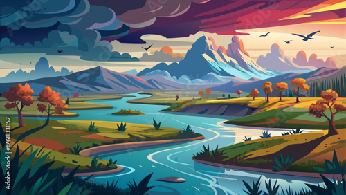 Flooded river merging with nearby lake, wide open landscape reflecting cloudy skies, birds flying above misty horizon, peaceful yet ominous scene