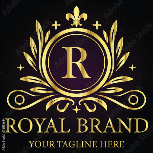 Royal Brand Logo with Letter R and Ornate Design