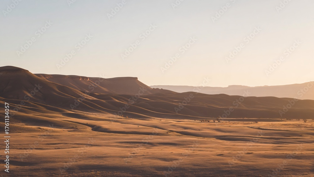 Naklejka premium Golden hour light bathes rolling desert hills under a vast clear sky