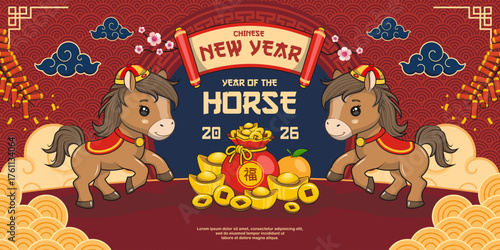 Happy Chinese New Year 2026 With Cute Horse, Year Of The Horse On Banner Design, Vector Cartoon Illustration