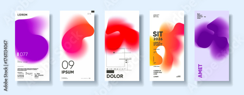 A set of five modern abstract posters featuring vibrant gradient shapes in purple, red, and orange hues. Each design incorporates minimalist typography and geometric elements 