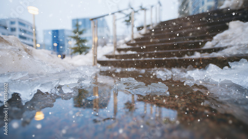 Wallpaper Mural Icy winter stairs close-up from ground level, reflections on ice surface showing smooth slippery texture, urban winter hazard concept Torontodigital.ca