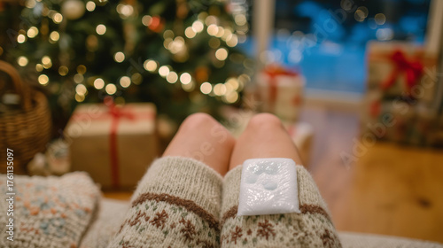 Wallpaper Mural Overhead shot of woman with ice pack, stressed posture, Christmas tree and gifts in living room blurred in background, cozy holiday interior scene Torontodigital.ca