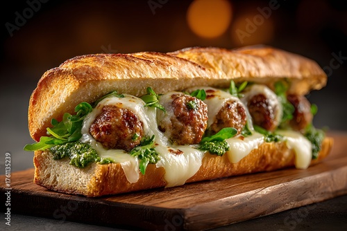 Delicious meatball sub with melted cheese on wooden board, ready to eat