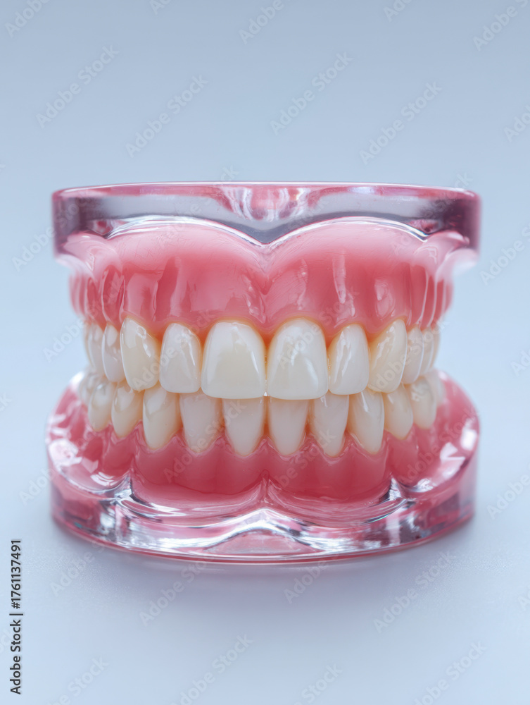 Obraz premium Full set of dental prosthetic teeth model with realistic gums displayed on a neutral background illustrating oral health and dental care concepts