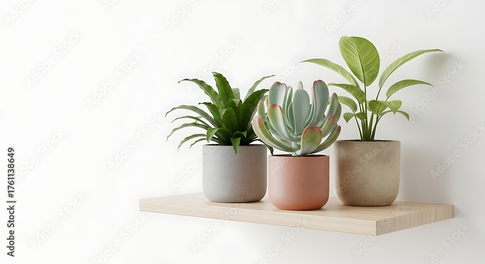 Fototapeta premium On a minimalist floating shelf made of light wood, a harmonious collection of three ornamental potted plants stands out against an immaculate white background.