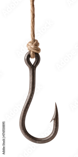 An old, rusty metal fishing hook with a sharp barb, hanging from a coarse brown rope tied in a knot, Isolated on Transparent and White Background