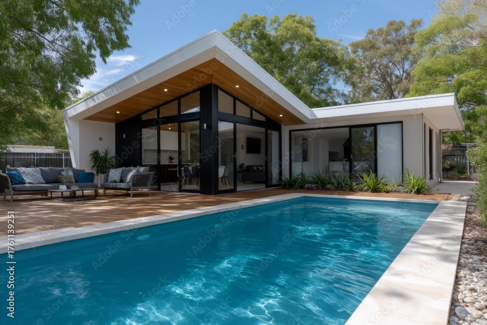 Fototapeta premium Modern mid-century house with pool surrounded by trees on a sunny day