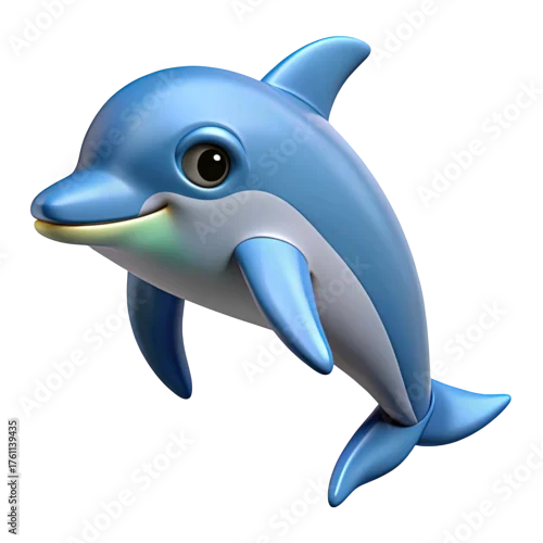 Fototapeta 3d illustration of a cute, cartoonstyle blue dolphin with a friendly expression, leaping joyfully, isolated on transparent background
