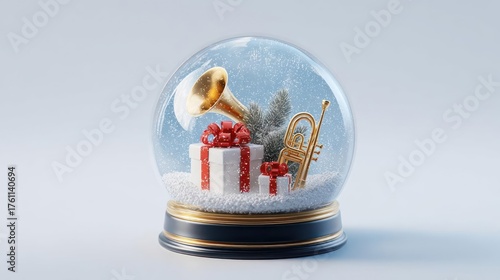 Festive christmas snow globe featuring a vintage gramophone wrapped presents and a miniature tree against a snowy backdrop