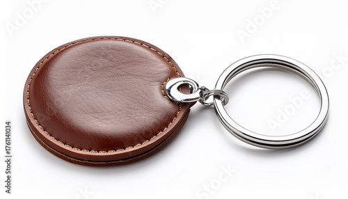 round leather keychain back view with silver ring isolated on white or white background