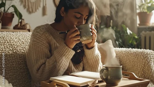 Woman journaling in morning light, gratitude writing, emotional mindfulness, cozy introspection