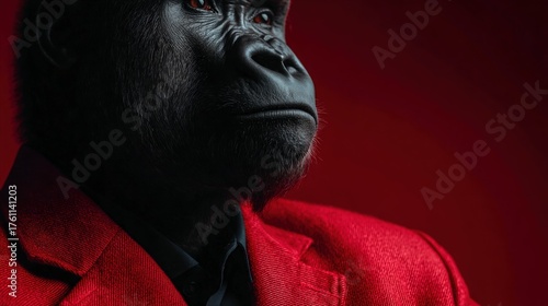Business gorilla in bold suit exudes confidence and power in dramatic lighting
