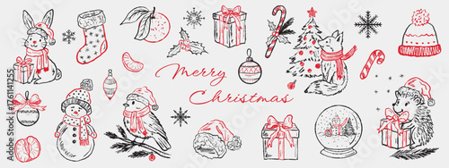 Hand drawn merry Christmas festive drawings. Vector sketch illustration in vintage crayon charcoal style. Winter hare, tit bird, hedgehog, fox animals, Christmas tree, snowman