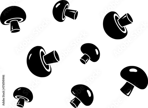 Multiple Button Mushrooms Falling or Floating in a Detailed Black and White Outline Line Art Drawing
